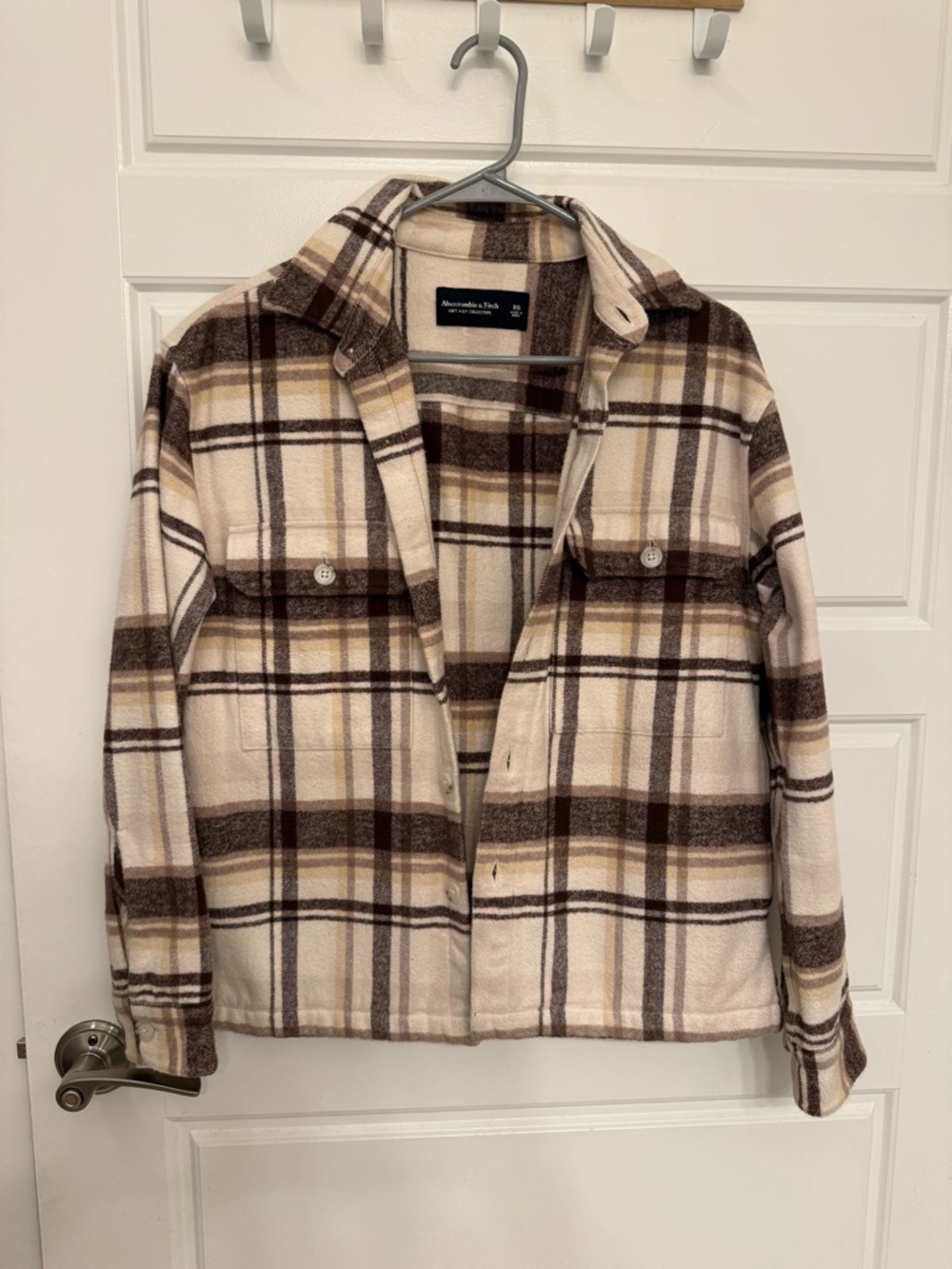 Abercrombie & Fitch Cream, Brown and Tan Plaid Utility Shacket